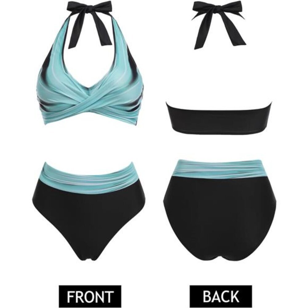 Women's High Waisted Bikini Set Tummy Control Color Block Halter Two Piece Swims - Picture 5 of 6